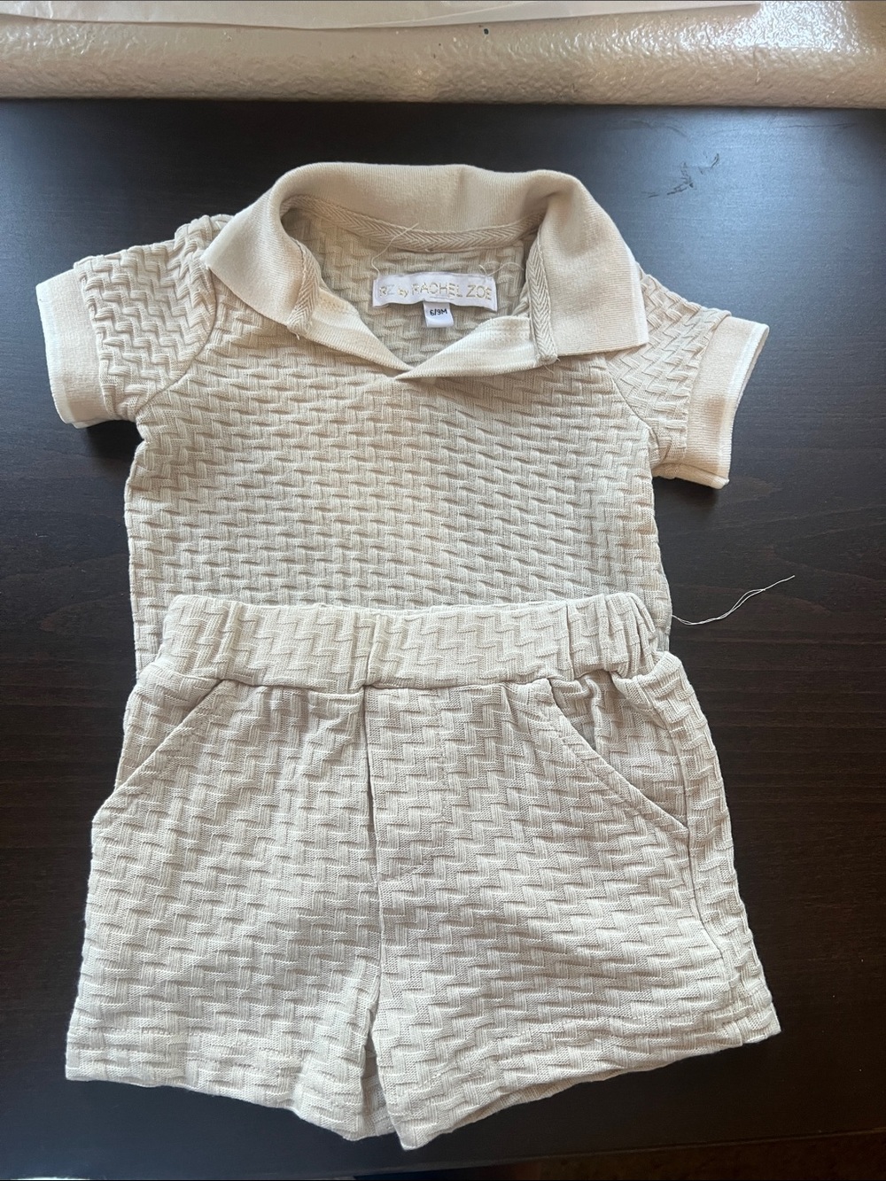 Rachel Zoe Neutral Beige Textured Knit Polo & Shorts Set